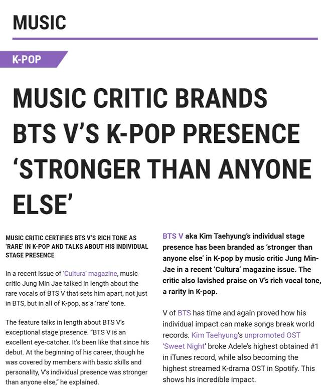 "K팝 아이돌史 통틀어 보기 드문 음색" 방탄소년단 뷔, 음악 평론가 극찬..성장형 비주얼 센터 '아이 캐처'
