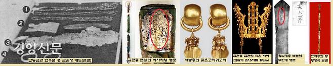 교동금관의 경우 도굴·압수품 중 금은장큰칼이 섞여있었기 때문에 남성으로 짐작된다. 금관총에서는 ‘이사지왕’이라는 명문이 새겨진 칼이 확인됐다. 서봉총에서는 큰칼이 없고,여성들이 착용한 것으로 보이는 굵은고리귀고리가 나왔다. 왕족 여성 무덤으로 보인다. 금령총의 경우 금관의 사이즈가 상대적으로 작다. 왕족 소년 무덤으로 짐작된다. 금관이 출토된 황남대총 북분에서는 ‘부인대’ 명문이 나왔다. 남분에서는 금동관이 6점 나왔다. 북분은 왕비, 남분은 왕의 무덤으로 짐작된다. 천마총에서는 주인공 허리춤에서 봉황이 장식된 큰칼이 나왔다. 왕으로 추정된다,