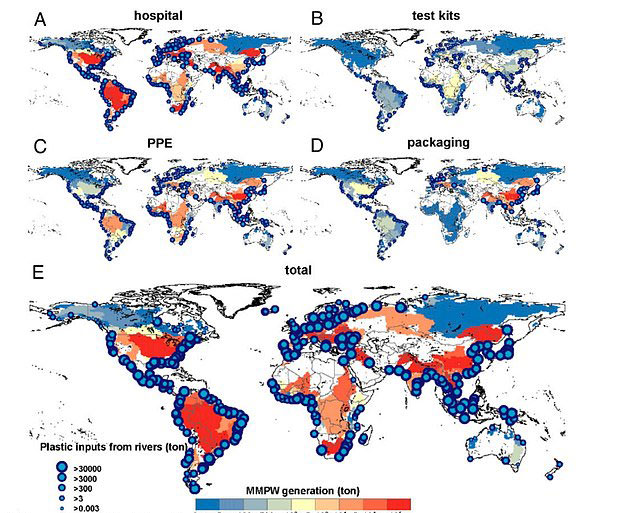 전 세계 바다로 유입되는 다양한 유형의 코로나 관련 플라스틱 쓰레기 수준을 나타낸 지도. 이미지는 병원 의료 폐기물(A)과 코로나 검사 키트(B), 개인보호장비(C), 온라인쇼핑 포장재(D) 그리고 이 모든 유형의 종합(E)을 보여준다.(사진=PNAS)