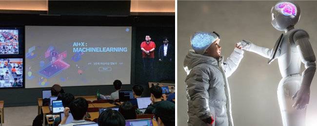 한양대 교육혁신단이 개발한 텔레프레즌스 기반 교육 시스템 ‘하이라이브’(왼쪽)와 원어민 영어 교사 구인난을 해소하는 데 도움이 될 것으로 기대를 모으고 있는 로봇 교사 페퍼. [한양대학교 제공, 동아DB]