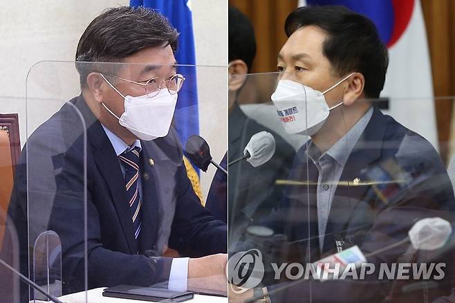 원내대책회의에서 발언하는 윤호중 원내대표(왼쪽)와 김기현 원내대표 (서울=연합뉴스) 더불어민주당 윤호중 원내대표(왼쪽)와 국민의힘 김기현 원내대표가 9일 서울 여의도 국회에서 열린 원내대책회의에서 각각 발언하고 있다. 2021.11.9 [국회사진기자단] toadboy@yna.co.kr