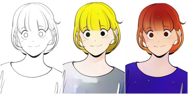 네이버 웹툰 AI 페인터를 통해 채색한 예시. 왼쪽은 밑그림 샘플, 가운데는 노란색으로 머리색을 입힌 경우, 오른쪽은 붉은색으로 채색한 경우.