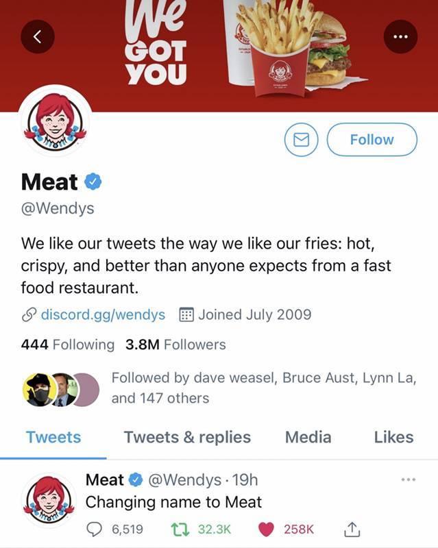 페이스북 사명 변경을 패러디한 웬디스 공식 트위터 계정 (출처=트위터 캡처)