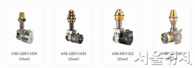 아이쓰리시스템의 냉각형 적외선 검출기 제품군 소개 사진. 맨 왼쪽 제품이 구현한 10마이크로미터(㎛)피치의 해상도는 12㎛피치 수준인 독일의 기술을 넘어서서 프랑스, 이스라엘 등 선도국과 견줄 수 있는 성능이다. /사진제공 아이쓰리시스템
