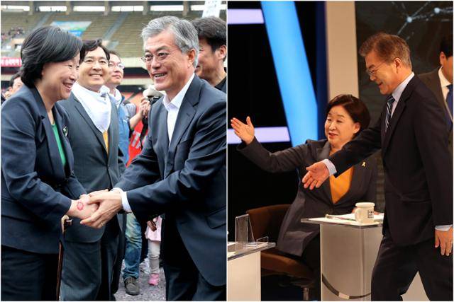 2012년 10월 문재인 당시 민주통합당 대선후보와 심상정 의원이 20일 서울 송파구 잠실종합운동장에서 열린 전국공무원노동조합 총회에서 인사하고 있다.(왼쪽 사진) 두 후보가 2017년 4월 MBC 대선후보 TV토론에 참석한 모습. 한국일보 자료사진