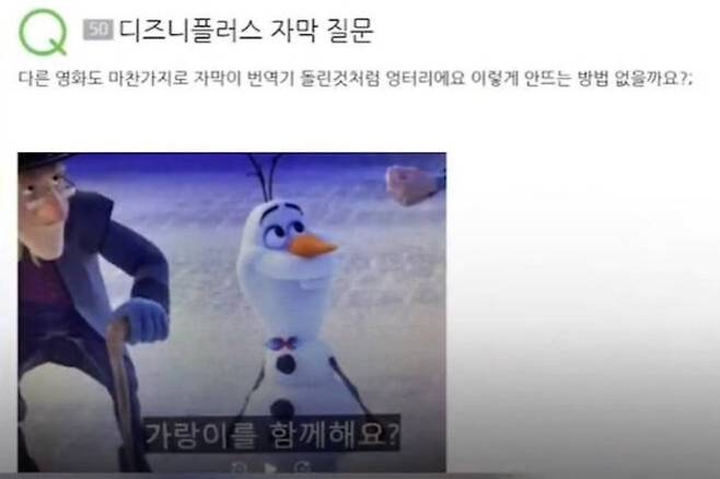 디즈니+ 애니메이션 '올라프의 겨울왕국 어드벤처'의 한 장면.  “함께 성에 가실래요?”(You’re welcome to join us in the castle)라는 문장이 "가랑이를 함께 해요"라는 문장으로 오역되었다. /사진=네이버 지식인 게시판