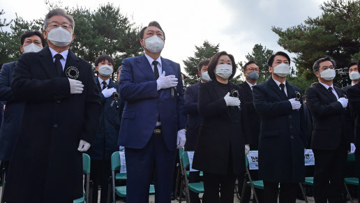 이재명 더불어민주당 대선 후보(왼쪽부터), 윤석열 국민의힘 대선 후보, 심상정 정의당 대선 후보, 안철수 국민의당 대선 후보, 제3지대 대선주자 김동연 전 경제부총리가 22일 오후 서울 동작구 국립서울현충원 내 김영삼 전 대통령 묘역에서 열린 6주기 추모식에서 국기에 경례하고 있다.(사진=국회사진취재단)