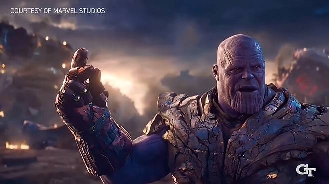 영화 ‘어벤저스’에서 타노스가 핑거스냅을 하는 장면. 조지아공대 유튜브 갈무리