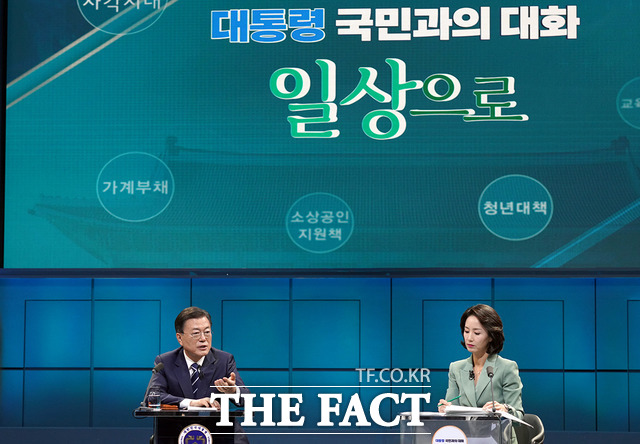 문 대통령이 지난 21일 오후 KBS에서 열린 '국민과의 대화-일상으로'에서 국민패널 질문에 답하고 있다. /청와대 제공