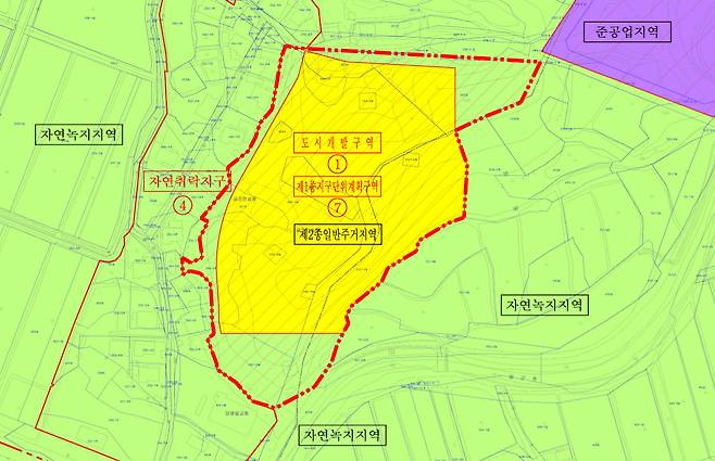 윤석열 국민의힘 대선 후보의 장모 최은순씨가 제안한 공흥지구 개발 지적도 [양평군]