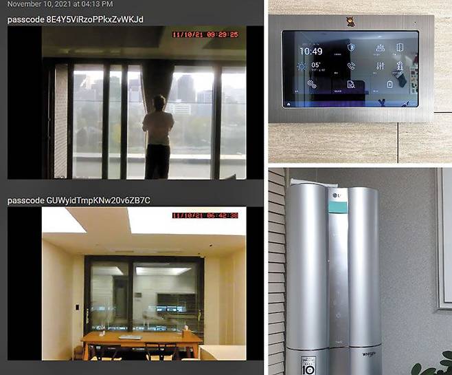 해커가 외국 웹사이트에 올린 영상… 메모지로 에어컨 렌즈까지 가리기 - 전국 일부 아파트에서 주택 관리용 단말기인 월패드가 해킹된 정황이 드러난 가운데, 지난달 외국 웹사이트에 국내 아파트로 추정되는 공간에서 사람들이 생활하는 모습이 담긴 사진과 영상이 올라왔다(왼쪽 사진). 사생활 유출을 막기 위해 월패드 카메라 렌즈에 스티커를 붙이거나(오른쪽 위 사진), 에어컨에 달린 카메라 위에 접착식 메모지를 붙여 가리는(오른쪽 아래 사진) 아파트 주민이 늘고 있다. /해외 해커 커뮤니티 캡처·독자 제공