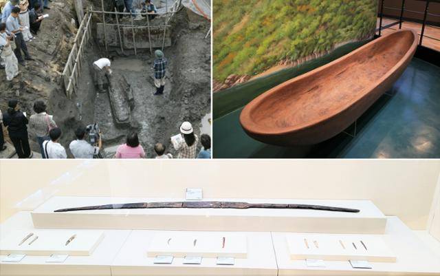 윗 줄은 2005년 비봉리에서 배가 출토된 상황을 설명하는 모습(왼쪽 사진)과 복원품. 아랫줄은 함께 출토된 목제 노와 각종 골각기.