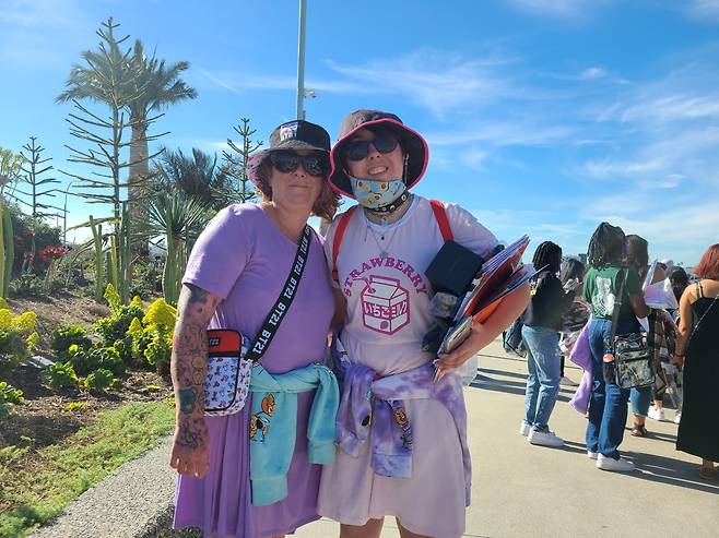 Marie Brandt (left) and her daughter Noraa are at SoFi Stadium on Friday.