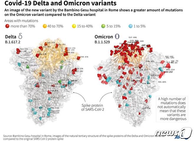 이탈리아 로마 밤비노 예수 병원은 새 변이주 오미크론의 단면도를 공개했다. 델타와 비교해 돌연변이가 훨씬 많다. © AFP=뉴스1 © News1 최서윤 기자