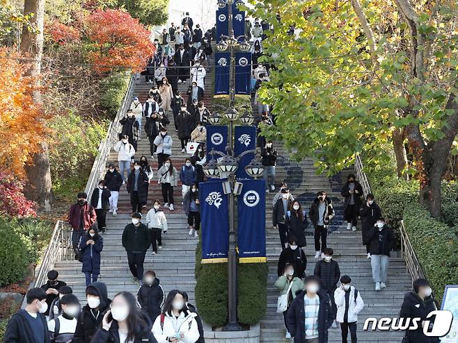 27일 서울 성동구 한양대 서울캠퍼스에서 수시 논술고사를 마친 수험생들이 캠퍼스를 나서고 있다. (한양대 제공) 2021.11.27/뉴스1 © News1