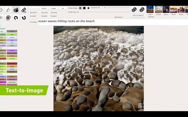 엔비디아 AI 프로그램 '고갱'에서 '바다에서 돌에 부딪히는 파도'라고 적으면 실시간으로 이미지가 구현되는 모습. /엔비디아 유튜브 캡처