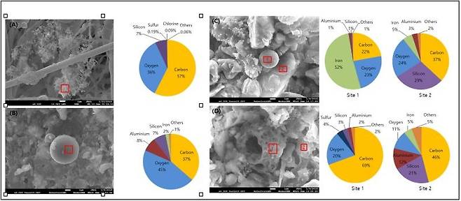초미세먼지 샘플을 확대한 전자현미경 사진(A). 미세먼지 샘플에서 관찰된 탄소 입자(B), 철질 입자, 광물 알갱이(C), 다공성 탄소 입자들(D)의 전자현미경 사진과 구성성분 다이어그램. [한국지질자원연구원 제공. 재판매 및 DB 금지]