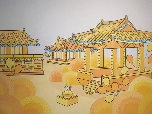 이번 개인전에 출품한 신작 중 그의 대표작은 '25살의 나에게'(사진 아래)와 한국판 신데렐라를 패러디한 '꽃길'(사진 위)이다. 특별한 시간들을 행복으로 채우려고 노력한만큼 그의 표정에도 '따뜻함'과 '행복'이 듬뿍 묻어났다. /갤러리루벤 제공