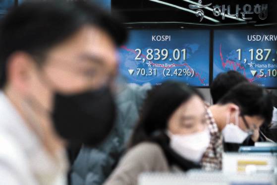 11월 마지막 거래일인 30일 코스피가 전 거래일보다 70.31포인트(2.42%) 내려 2839.01로 장을 마쳤다. 이날 오후 서울 중구 하나은행 본점 딜링룸에서 직원들이 업무를 보고 있다. [뉴스1]