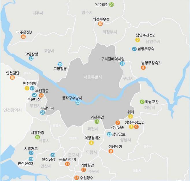 2021년 공공분양 사전청약 대상지 및 공급물량. 연두색으로 표시된 하남교산, 과천주암, 시흥하중, 양주회천이 1일 시작되는 3차 사전청약 대상지. 국토부 제공