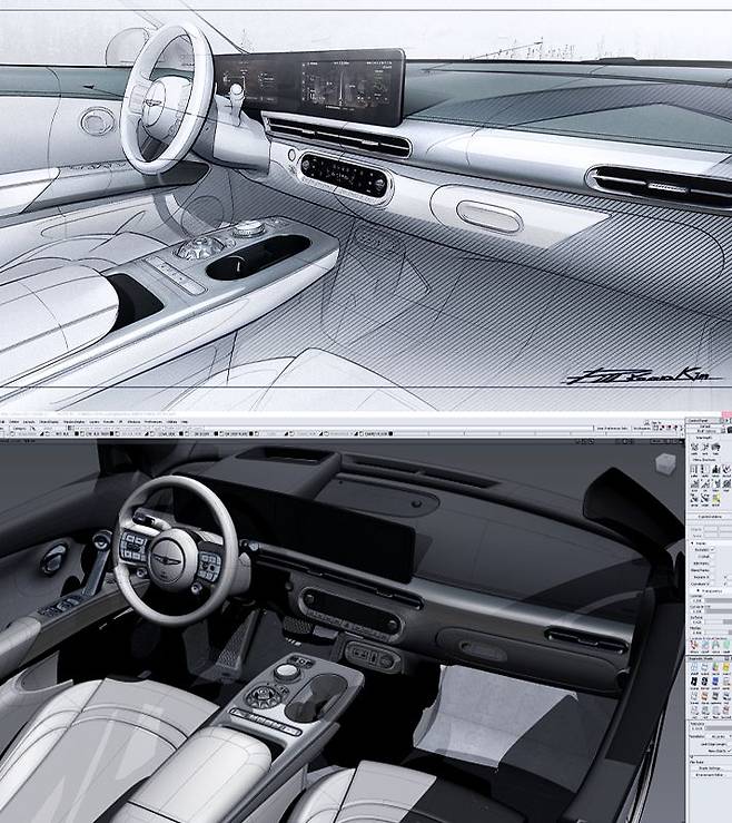 제네시스 'GV60'의 실내 스케치 디자인(위)과 디지털 데이터 이미지./현대차 제공