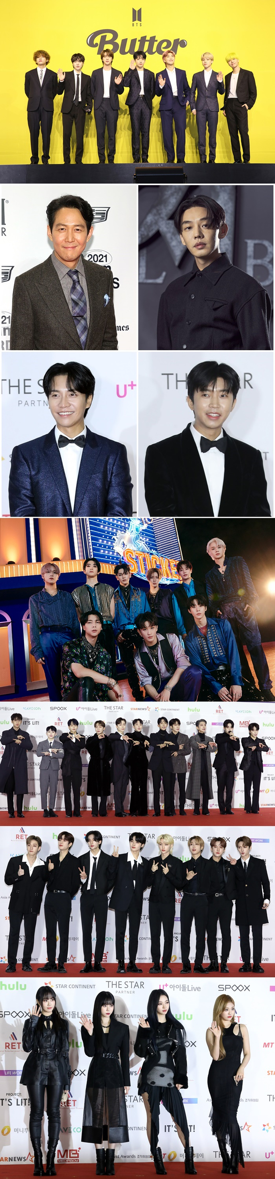 The Grand Prize winners at the 2021 Asia Artist Awards: from top, BTS, Lee Jung-jae, Yoo Ah-in, Lee Seung-gi, Lim Young-woong, NCT 127, Seventeen, Stray Kids and aespa [ILGAN SPORTS]
