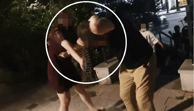 만취 여성이 산책 중이던 가족의 가장을 폭행하고 있다. /사진=온라인 커뮤니티