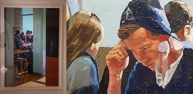 서상익 작가의 '시카고의 아침'. 거친 붓터치를 수일 동안 쌓아서 인물을 표현했고, 벽은 롤러를 이용해 질감이 느껴지지 않도록 칠했다. /컬렉터 A씨 제공