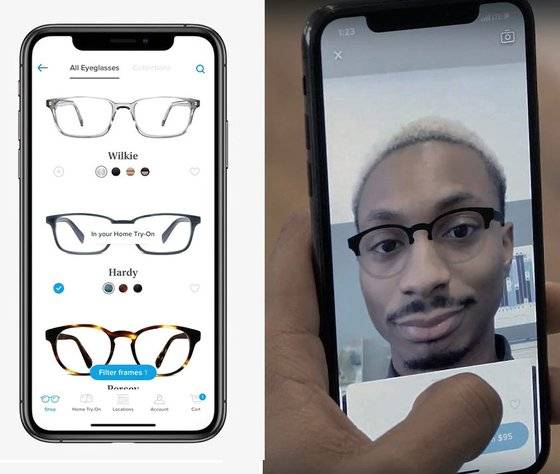 원격시력검사를 제공하는 미국 와비파커의 ‘버추얼 트라이 온’ 서비스. 소비자가 자신의 얼굴 사진에 안경을 가상으로 씌어볼 수 있게끔 구현했다. [자료: 와비파커]