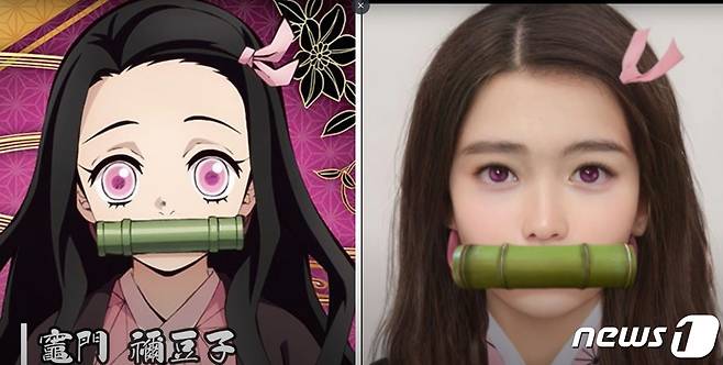 일본 유튜버 오스시가 인공지능(AI) 프로그램인 '아트브리더(Artbreeder)'로 애니메이션 '짱구는 못말려'와 '귀멸의 칼날'의 캐릭터를 실사화한 사진을 공개했다. 사진은 귀멸의 칼날 속 네즈코를 실사화한 모습. <출처=오스시 유튜브> © 뉴스1