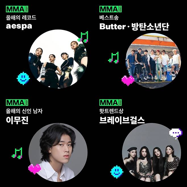 왼쪽부터 시계방향으로 에스파, 방탄소년단, 브레이브걸스, 이무진. MMA 2021 공식 트위터