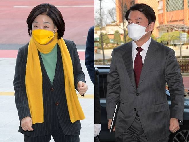 Rep. Sim Sang-jung from the Justice Party (left) and presidential candidate Ahn Cheol-soo show up at a hotel on Yeouido, Seoul on Monday to meet each other. (Yonhap) 