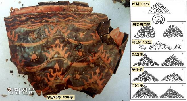 황남대총에서 출토된 칠기 바둑통의 문양과 고구려 벽화고분 속 문양. 바둑통의 문양이 중국에서 유래된 것이 아니라 오히려 4~5세기 고구려 벽화의 연화문과 비슷하다는 점에서 고구려 제품이라는 견해가 제기됐다. |이은석 국립나주문화재연구소장 제공