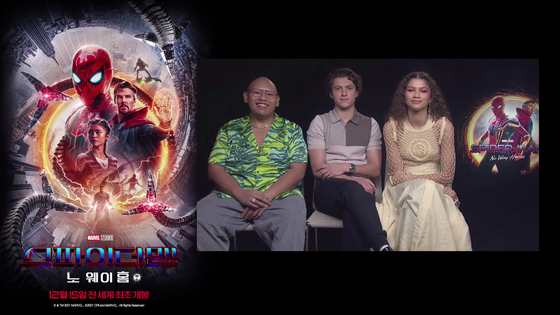 From left, actors Jacob Batalon, Tom Holland and Zendaya answer questions during an online press conference with Korean media outlets on Tuesday. [SONY PICTURES]