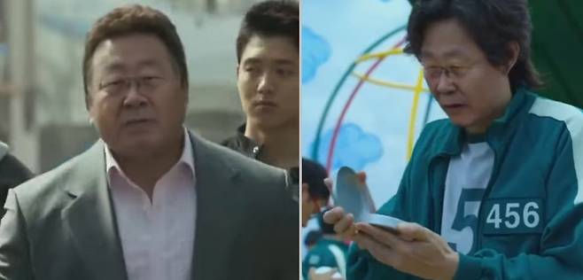 영화 범죄도시에 나온 배우 마동석(왼쪽)과 넷플릭스 드라마에 출연한 배우 이정재를 더불어민주당 이재명 후보와 합성한 영상. /유튜브