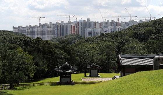 경기도 김포시 풍무동 장릉(사적 제202호)에서 인천 서구 검단신도시에 짓고 있는 아파트 단지가 보이고 있다.  뉴스1