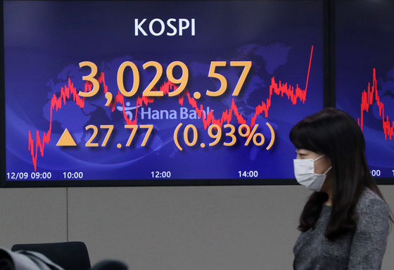 A screen at Hana Bank's trading room in central Seoul shows the Kospi closing at 3,029.57 points on Thursday, up 27.77 points, or 0.93 percent, from the previous trading day. [NEWS1]