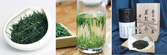 은시옥로차는 짙은 초록색, 바늘처럼 길고 가는 모양을 갖고 있다.  유리잔을 이용해 우리면 차를 감상하며 즐길 수 있다.  일본의 옥로차.