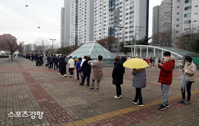서울 마포구 서강대역 광장에 마련된 임시선별진료소를 찾은 시민들이 10일 길게 줄을 서 코로나19 검사순서를 기다리고 있다.   김영민 기자