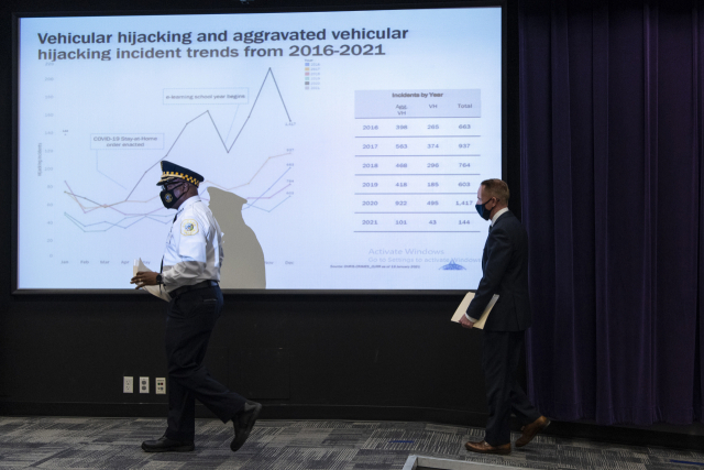 지난 1월 데이비드 브라운 미국 시카고 경찰서장이 시카고 본청에서 늘어나고 있는 차량 탈취 범죄에 대해 브리핑하고 있다. /AP연합뉴스