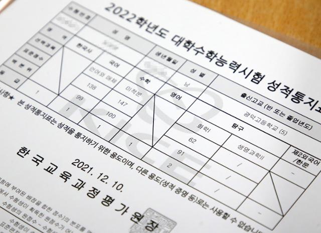 생명과학Ⅱ 과목 점수가 공란으로 처리된 2022학년도 대학수학능력시험 성적표. 연합뉴스