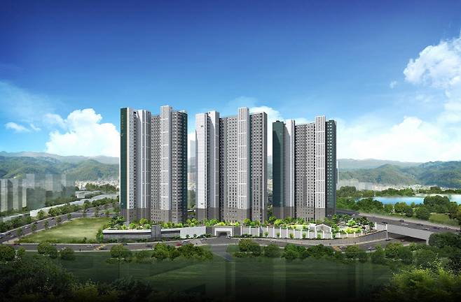 대우건설이 경북 경산시 중산지구에서 분양하는 ‘펜타힐즈 푸르지오 2차’ 아파트 투시도. (자료=대우건설)