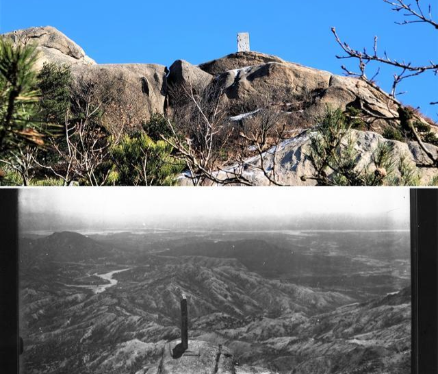 북한산 비봉 꼭대기에 서 있는 신라 진흥왕 순수비(위)와 20세기 전반의 일대 전경(아래)