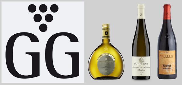 GG 마크와 질바너, 리슬링, 슈페트부르군더(피노누아) 품종으로 만든 GG 와인들. ‘GG’는 특등급 포도밭(Grosse Lage) 포도로 생산한 드라이 와인인 그로세스 게벡스(Großes Gewächs)의 약칭이다. VDP와 각 와이너리 홈페이지 캡처.