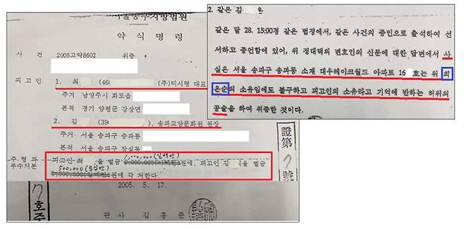 더불어민주당 선대위 현안대응 TF가 21일 공개한 윤석열 국민의힘 대선후보 장모 최은순 씨의 서울 송파구 잠실 아파트 관련 약식명령.