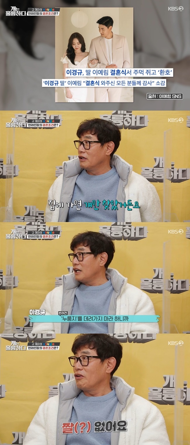 Broadcaster Lee Kyung-kyu has revealed her affection for Pet.On KBS 2TV Dogs Are Incredible (hereinafter referred to as Gae-ryung), which was broadcast on December 20, the conflict between the prospective bride and the prospective bride, who are non-respondents, was drawn.Lee Kyung-kyu said, Im more sympathetic because Im getting married on December 11th, and my daughter is getting married and she says she has a Maltipu at home and shes taking me.I think Ill come to Menbung if I take him, he said.Jang Do-yeon, who heard this, said, Why? I want to see it? Lee Kyung-kyu said, When I go home, I find him.I told him not to take him with me, and I do not have a job. 