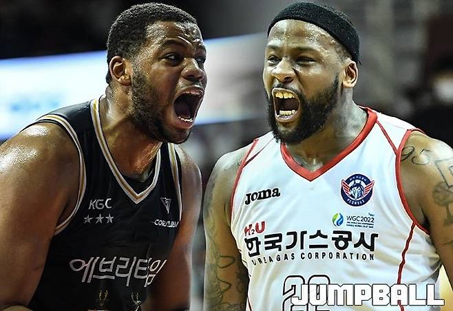 ▲ KGC인삼공사 오마리 스펠맨과 한국가스공사 클리프 알렉산더. 멋진 공수대결을 펼치며 화끈한 농구를 팬들에게 선사했다.
