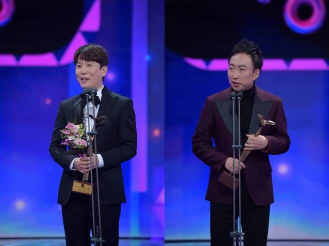 ▲ 남창희(왼쪽), 박명수가 25일 서울 영등포구 여의도 KBS에서 열린 '2021 KBS 연예대상'에서 각각 엔터테인먼트 DJ상, 올해의 DJ상을 수상했다. 제공|KBS