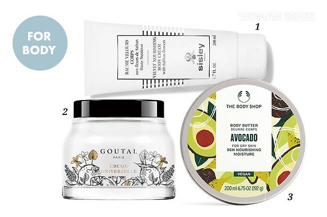 1 시슬리 벨벳 너리싱 바디 크림 피부 건조를 완화하고 진정시키는 데 탁월한 제품. 시어버터, 바바수 오일, 마카다미아 오일, 백합 추출물 등의 성분을 함유해 피부 보습과 영양 공급에도 도움을 준다. 200ml 16만원대. 2 구딸 파리 유니버셜 바디 크림 실키한 텍스처가 보디 피부를 편안하게 감싸주는 퍼퓸 부스터 보디 크림. 시어버터 성분이 보습과 재생 효과를 주며, 자외선으로부터 자극받은 피부를 케어해준다. 175ml 12만원. 3 더바디샵 아보카도 바디버터 시어버터, 아보카도 오일, 브라질너트씨 오일 등 보습에 효과적인 자연 유래 성분 96%를 담았다. 버터처럼 꾸덕한 텍스처가 피부에 수분막을 형성해 최대 96시간까지 수분 보습을 유지해준다. 200ml 2만8천원.