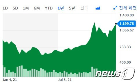 지난 1년간 테슬라 주가추이 - 야후 파이낸스 갈무리